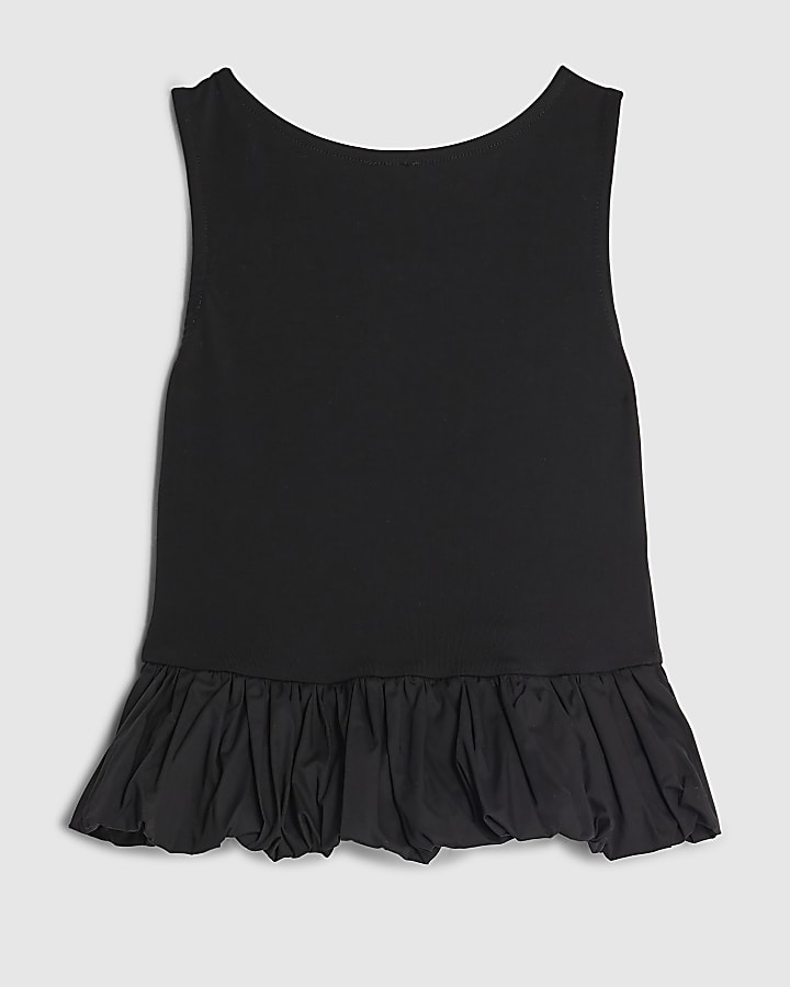 Girls Black Bow Bubble Hem Tank Top
