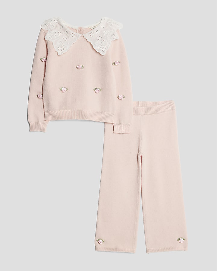 Mini Girls Pink Collared Rose Jumper Set