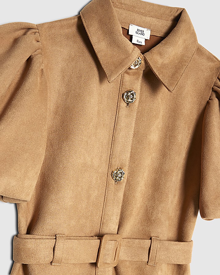 Girls Brown Faux Suede Shirt Dress