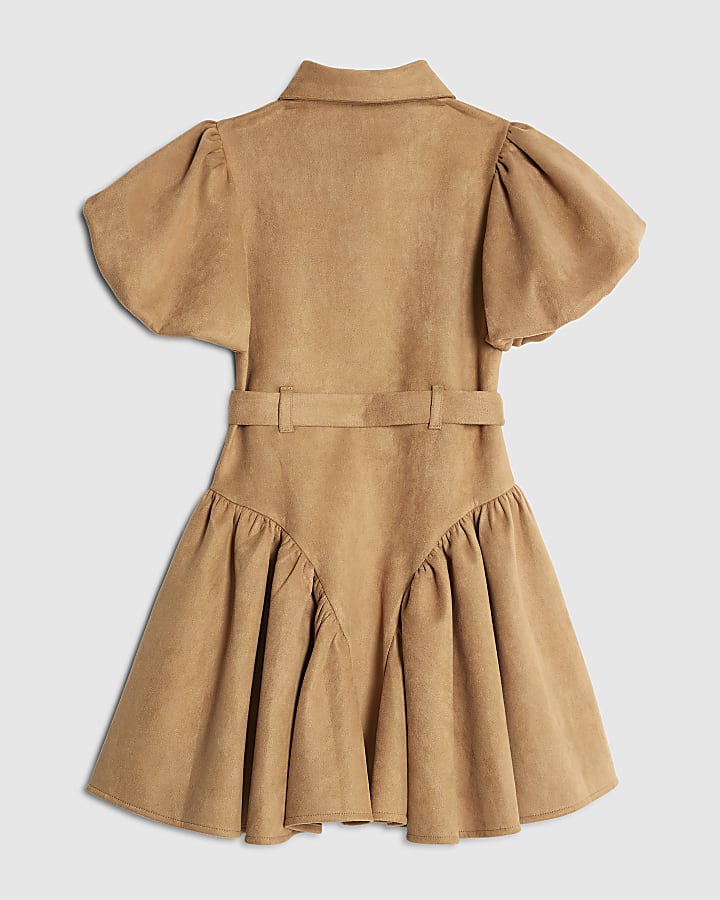 Girls Brown Faux Suede Shirt Dress
