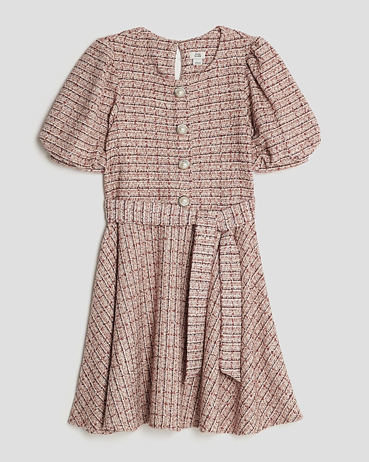 Girls Pink Boucle Belted Check Dress