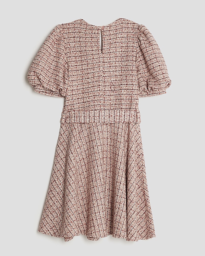 Girls Pink Boucle Belted Check Dress