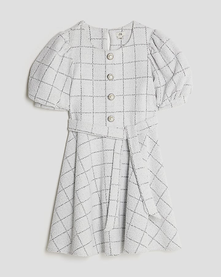 Girls White Boucle Check Dress