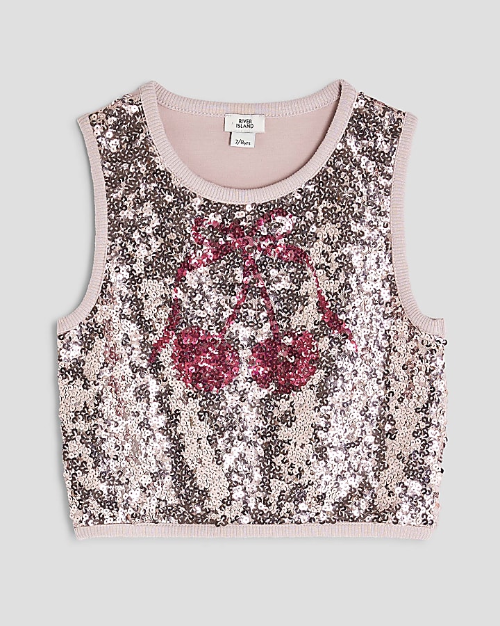 Girls Pink Cherry Sequin Tank Top