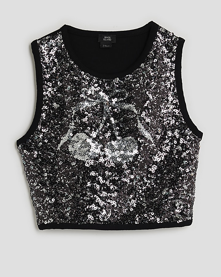 Girls Black Cherry Sequin Tank Top