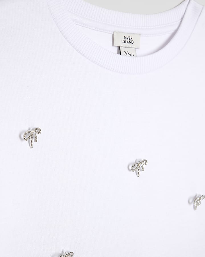 Girls White Diamante Bow T-Shirt Set