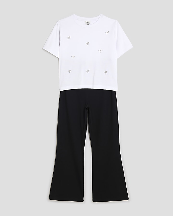 Girls White Diamante Bow T-Shirt Set