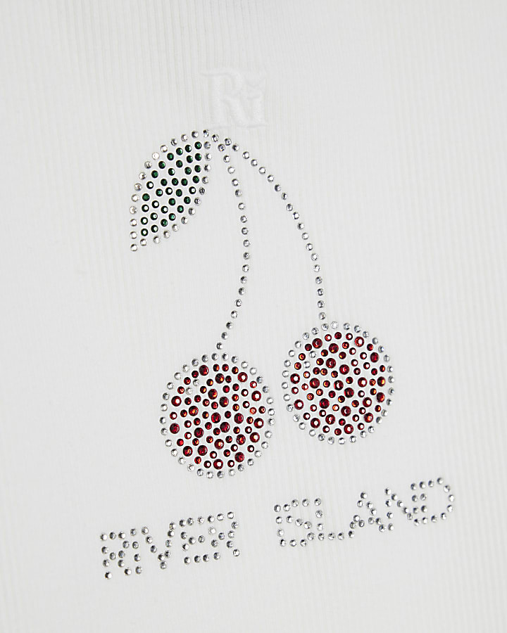 Girls White Cherry Embellished Tank Top