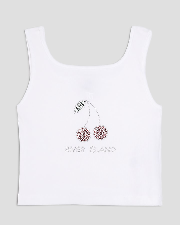 Girls White Cherry Embellished Tank Top