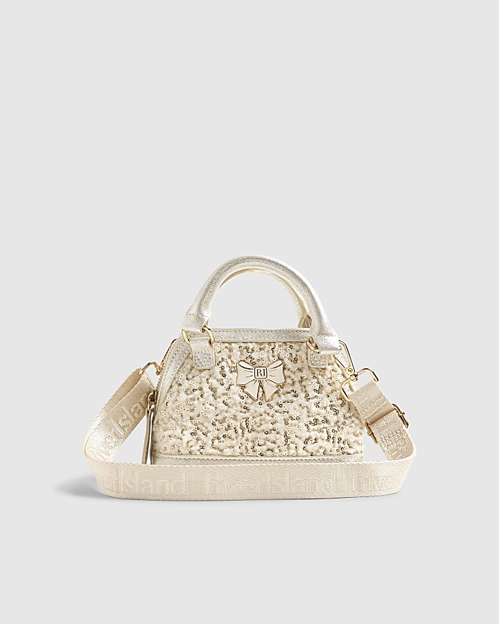 Girls cream sequin borq mini tote bag