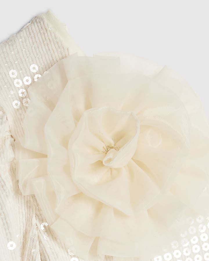 Girls Cream 3D Flower Sequin Bodysuit