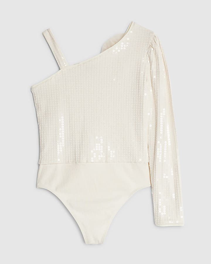 Girls Cream 3D Flower Sequin Bodysuit