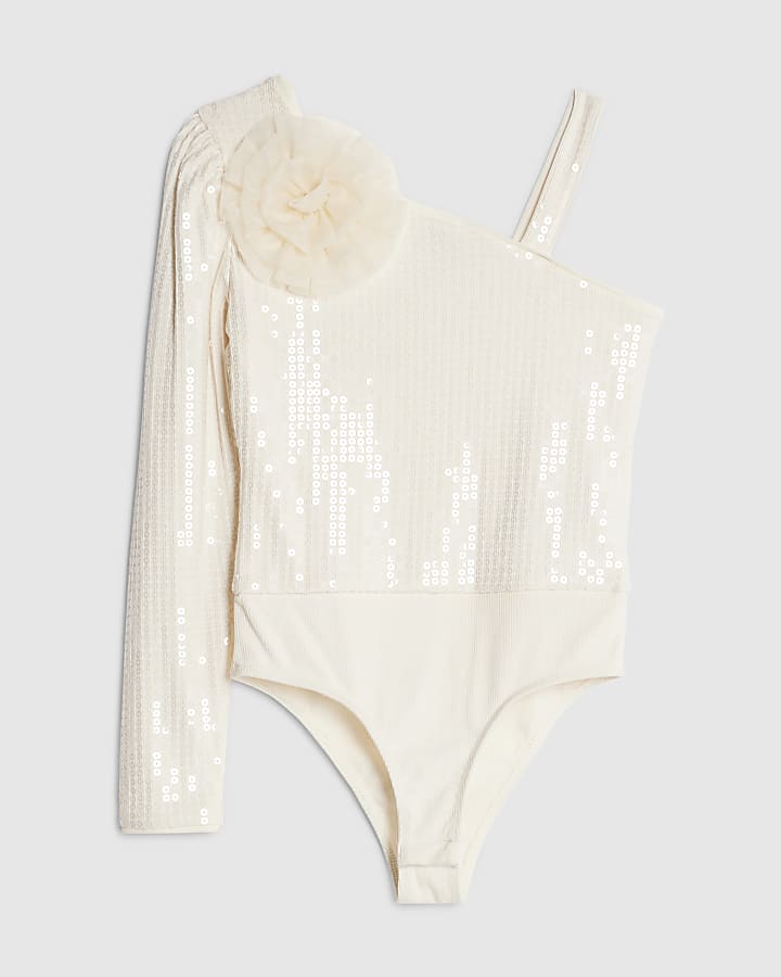 Girls Cream 3D Flower Sequin Bodysuit
