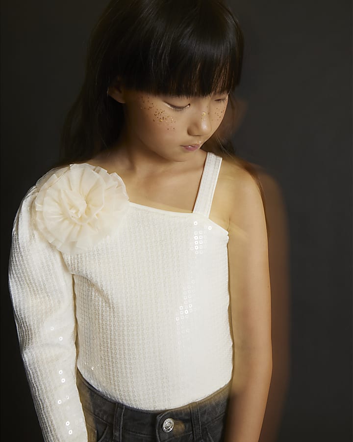 Girls Cream 3D Flower Sequin Bodysuit