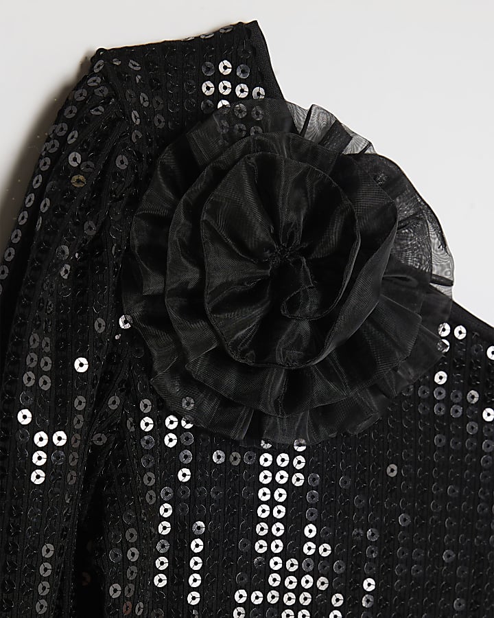 Girls Black 3D Flower Sequin Bodysuit