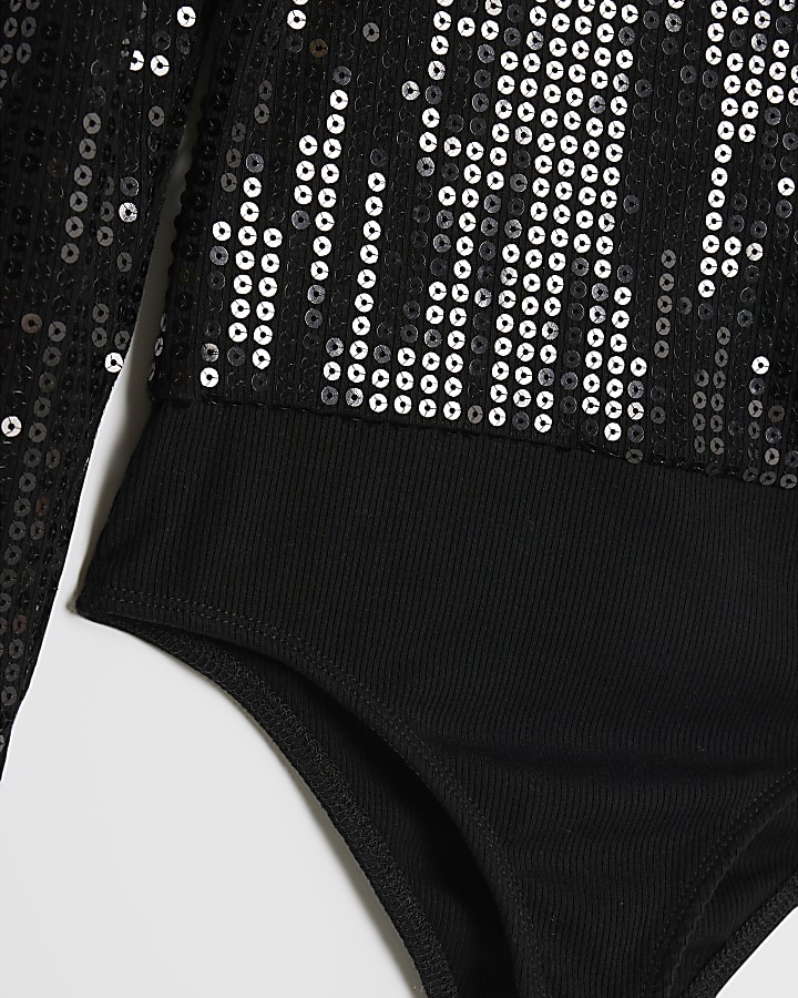Girls Black 3D Flower Sequin Bodysuit