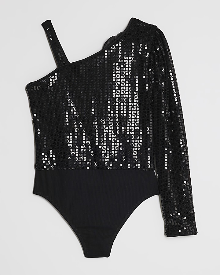 Girls Black 3D Flower Sequin Bodysuit