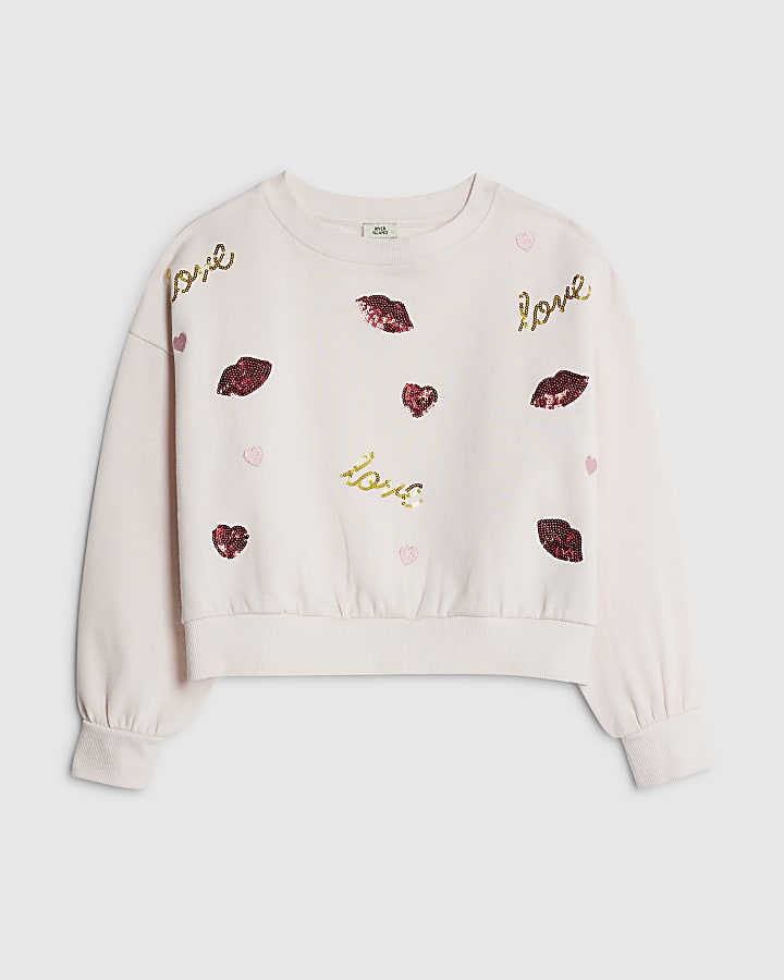 Girls Pink Sequin Embellished Lips Sweatshirt