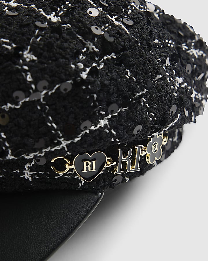 Girls Black Boucle Baker Boy Hat