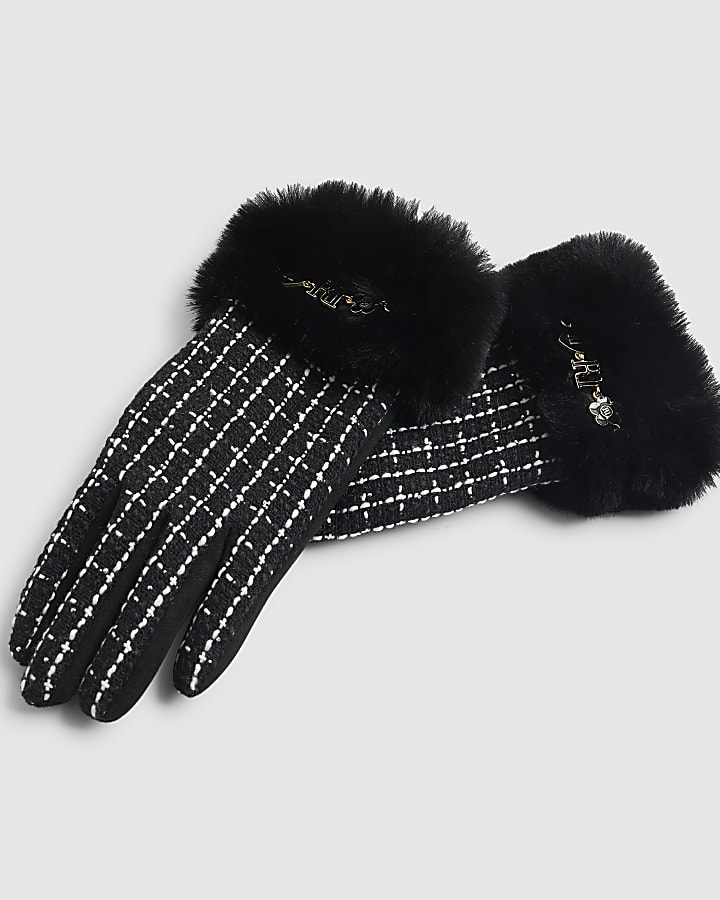 Girls Black Boucle Gloves