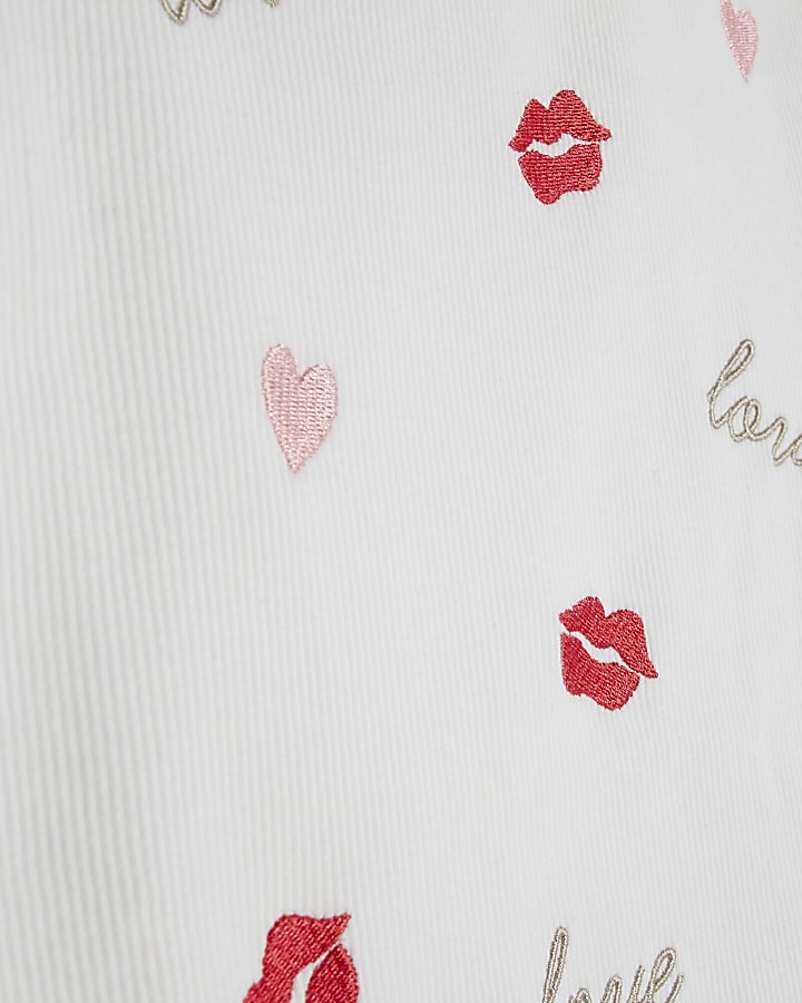 Girls White Love Lips Embroidered T-Shirt Set