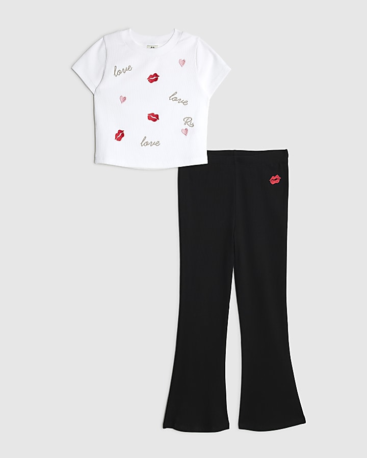 Girls White Love Lips Embroidered T-Shirt Set