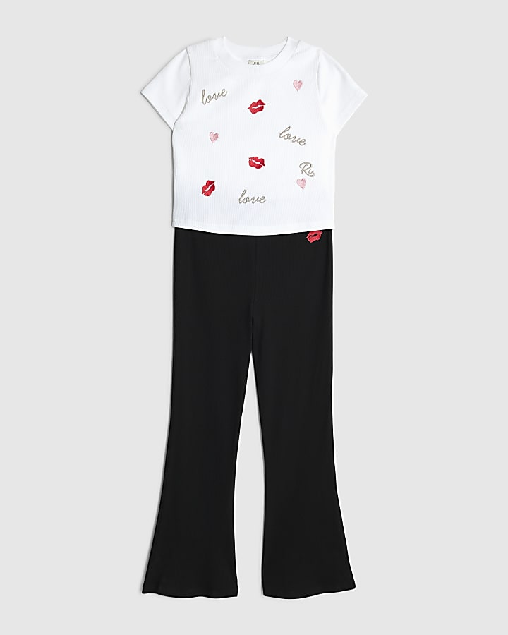 Girls White Love Lips Embroidered T-Shirt Set