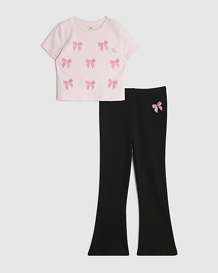 Girls Pink Bow Embroidered Leggings Set