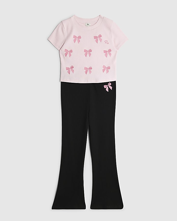 Girls Pink Bow Embroidered Leggings Set