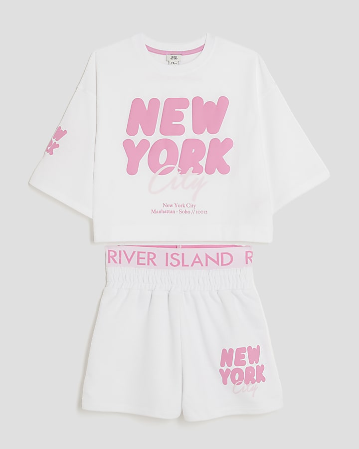 Girls White New York T-Shirt And Shorts Set