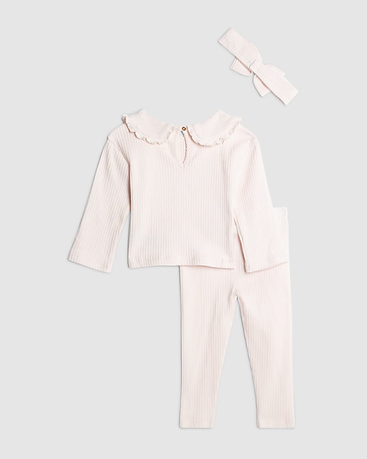 Baby Girls Pink Collar Ribbed Top Set
