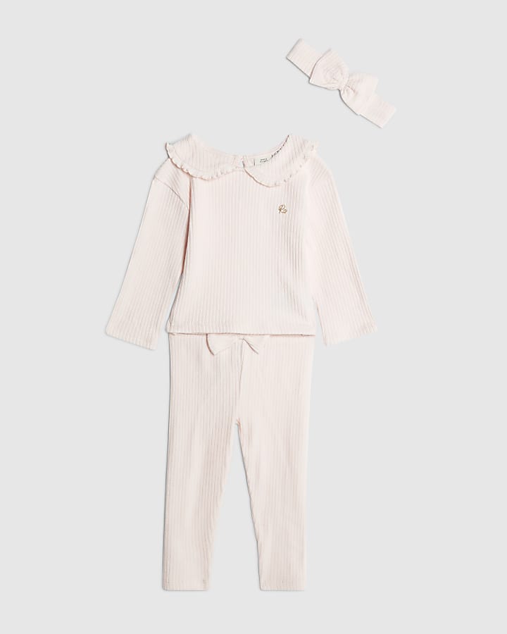 Baby Girls Pink Collar Ribbed Top Set