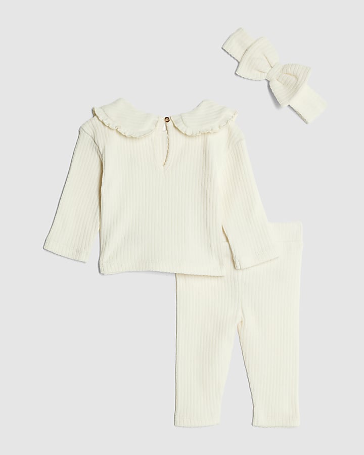 Baby Girls Cream Collar Ribbed Top Set