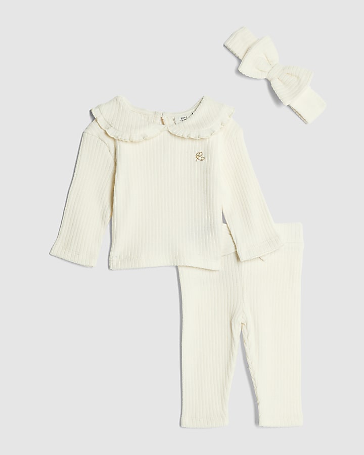 Baby Girls Cream Collar Ribbed Top Set