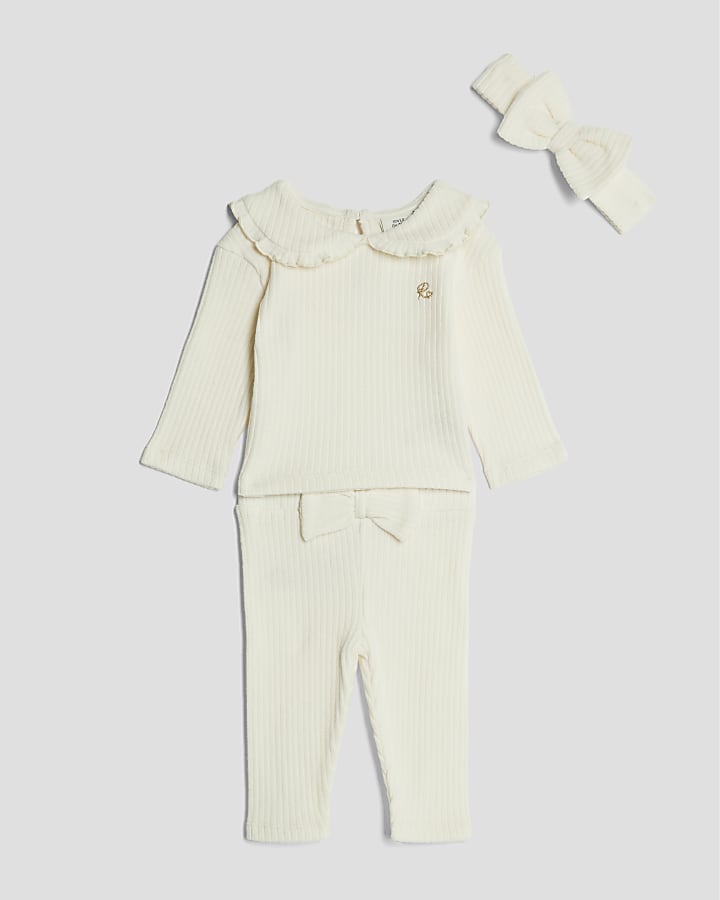 Baby Girls Cream Collar Ribbed Top Set
