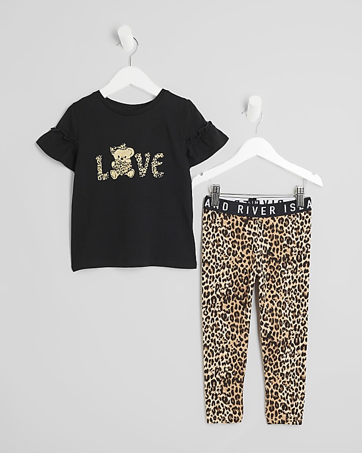 Mini Girls Black Love Bear Leggings Set