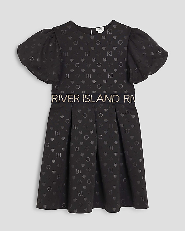 Girls Black Embossed RI Monogram Dress