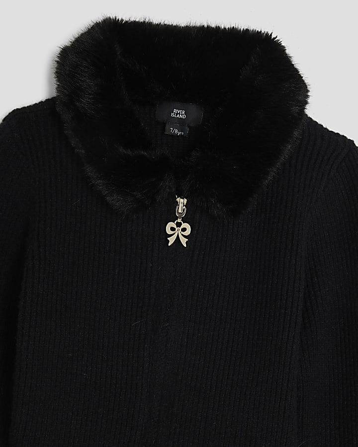 Girls Black Faux Fur Collar Cardigan Set