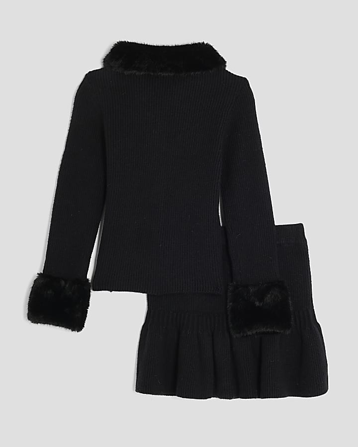 Girls Black Faux Fur Collar Cardigan Set
