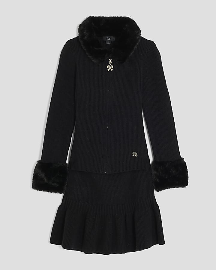 Girls Black Faux Fur Collar Cardigan Set