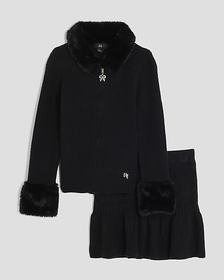 Girls Black Faux Fur Collar Cardigan Set