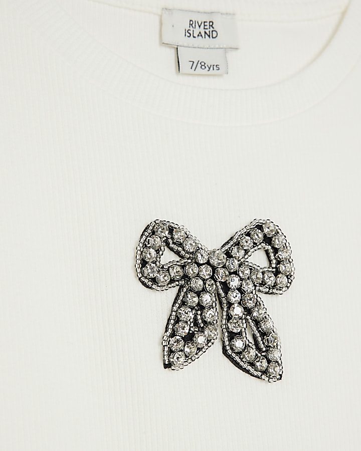 Girls Cream Ribbed Diamante Bow T-Shirt