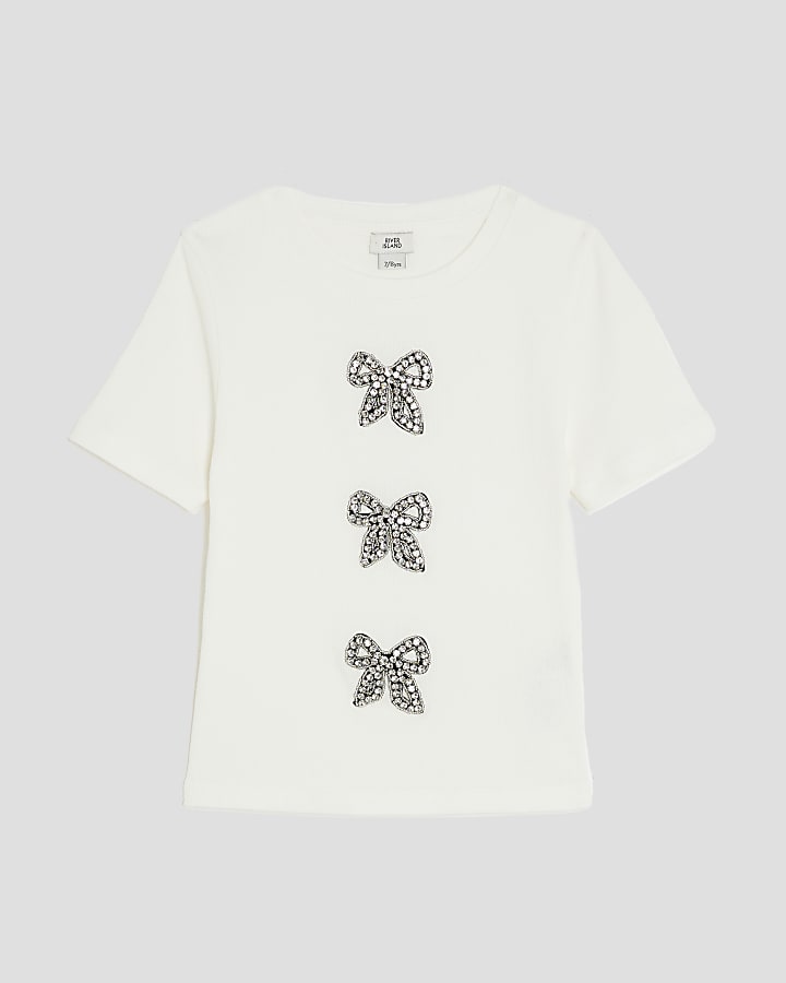 Girls Cream Ribbed Diamante Bow T-Shirt