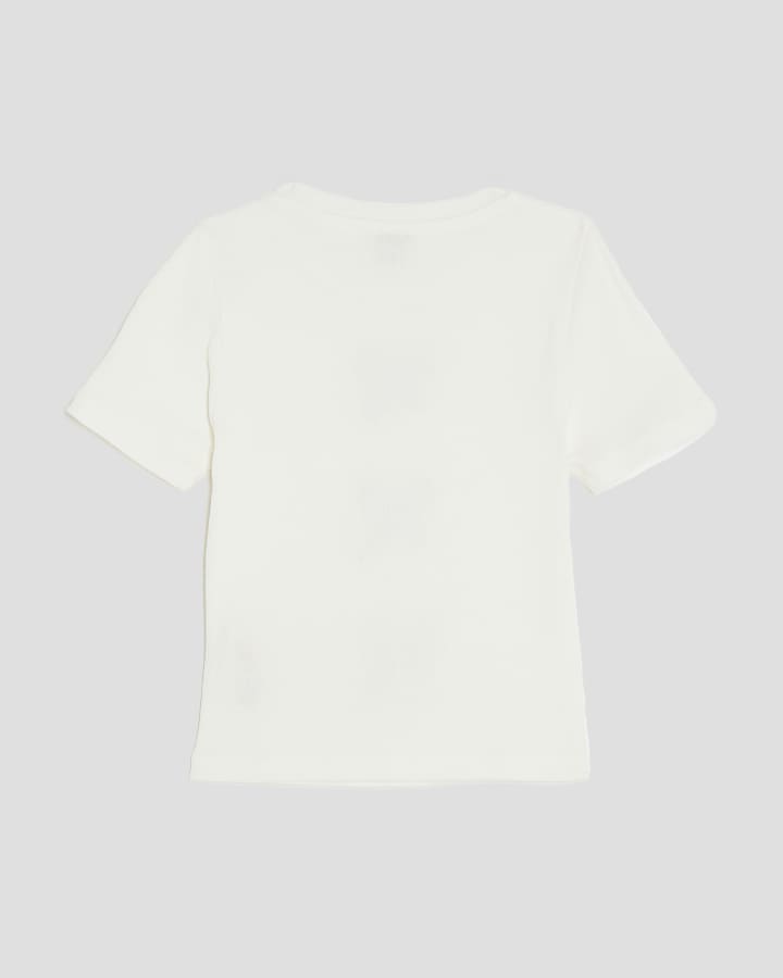 Girls Cream Ribbed Diamante Bow T-Shirt