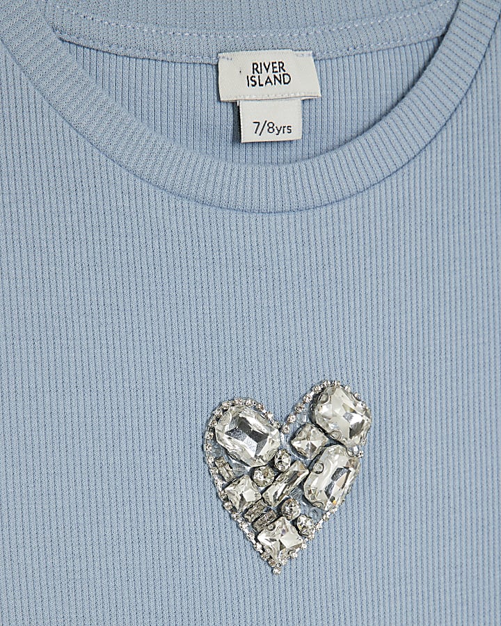 Girls Blue Ribbed Diamante Heart T-Shirt