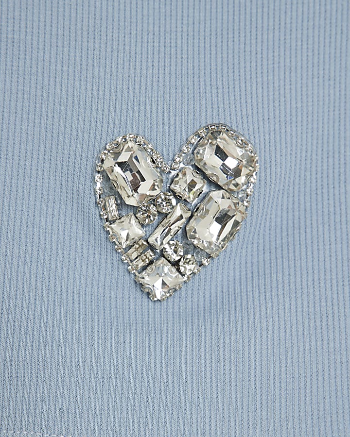 Girls Blue Ribbed Diamante Heart T-Shirt