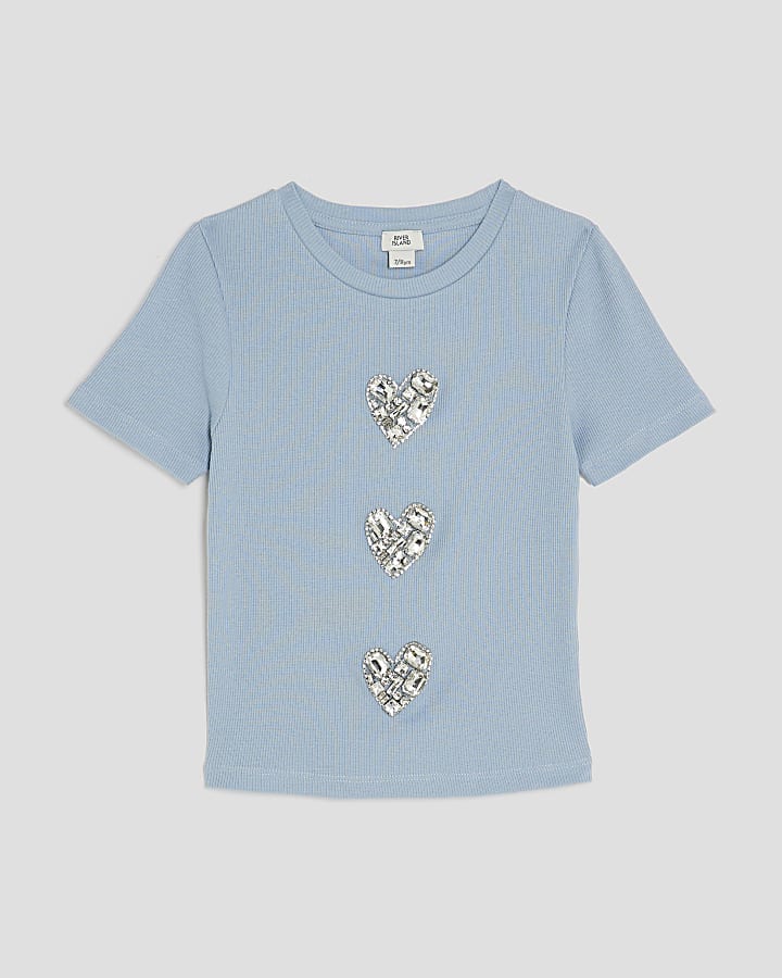 Girls Blue Ribbed Diamante Heart T-Shirt