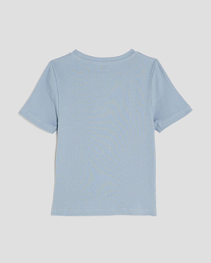 Girls Blue Ribbed Diamante Heart T-Shirt