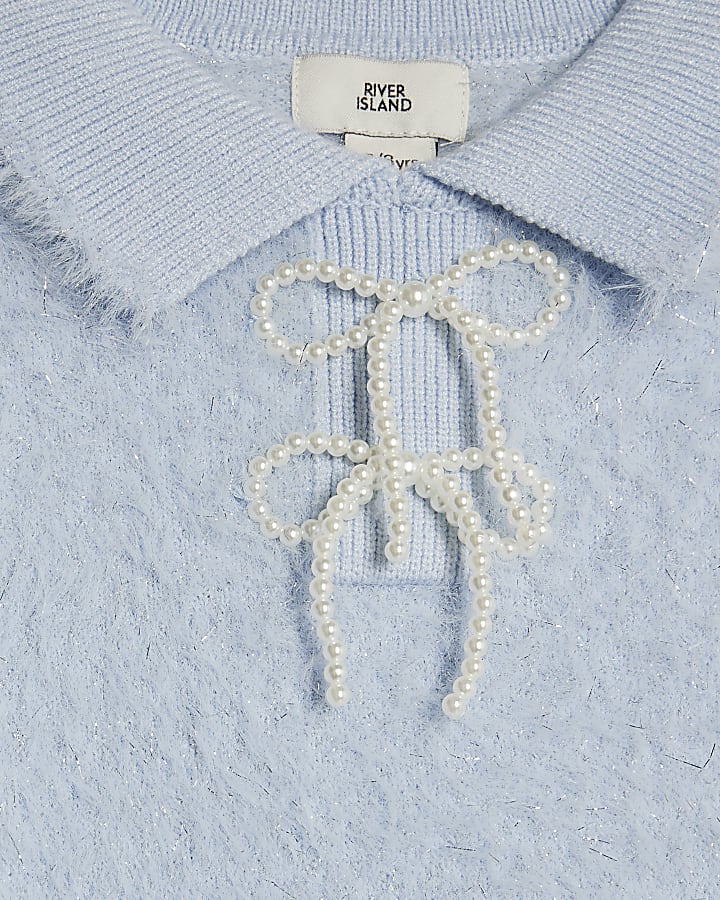 Girls Blue Lurex Bow Jumper And Skirt Set
