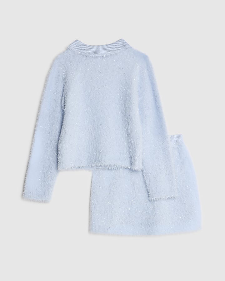 Girls Blue Lurex Bow Jumper And Skirt Set